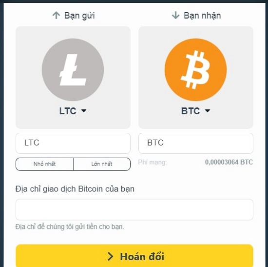 Ví dụ bạn đổi LTC sang Bitcoin