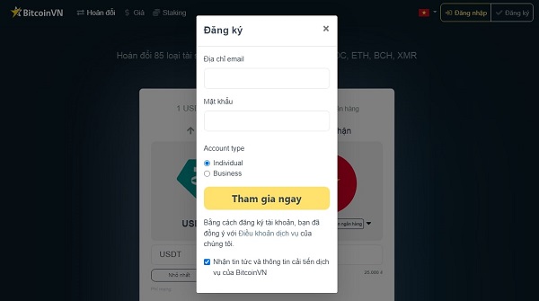 Nhập địa chỉ Email của bạn và mật khẩu mà bạn mong muốn sau đó bấm chọ “tham gia ngay” để tạo tài khoản