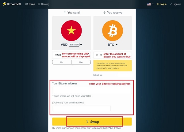 Enter the information and click on "Swap" to buy Bitcoin
