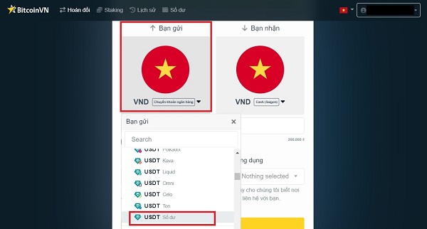 Chọn USDT (số dư)