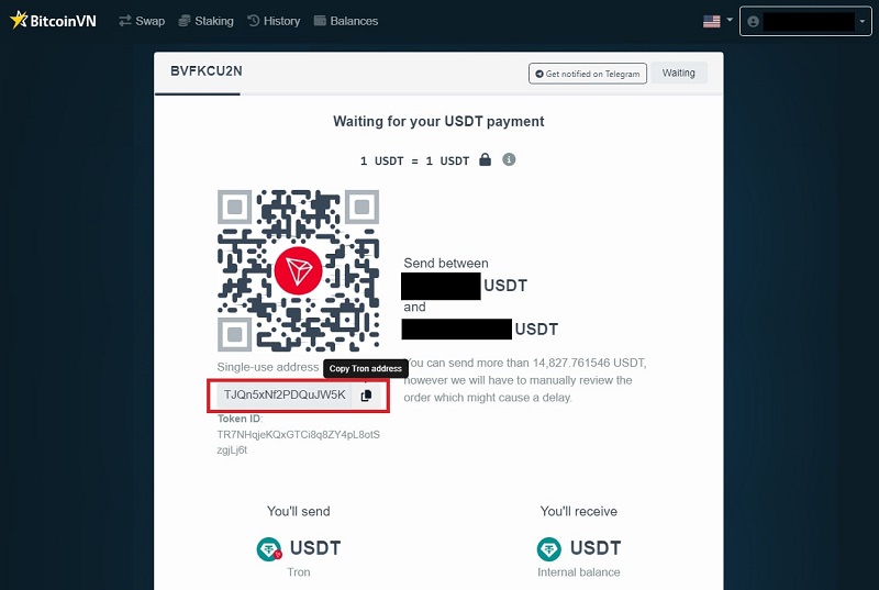 Copy the USDT address