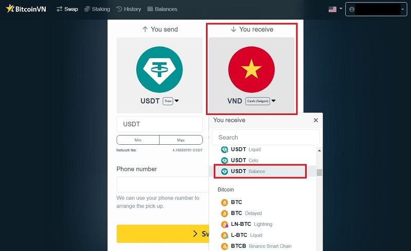 Choose USDT (Balance)