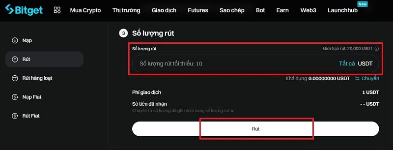 Chọn “rút” để rút tiền từ BitGet sang BitcoinVN