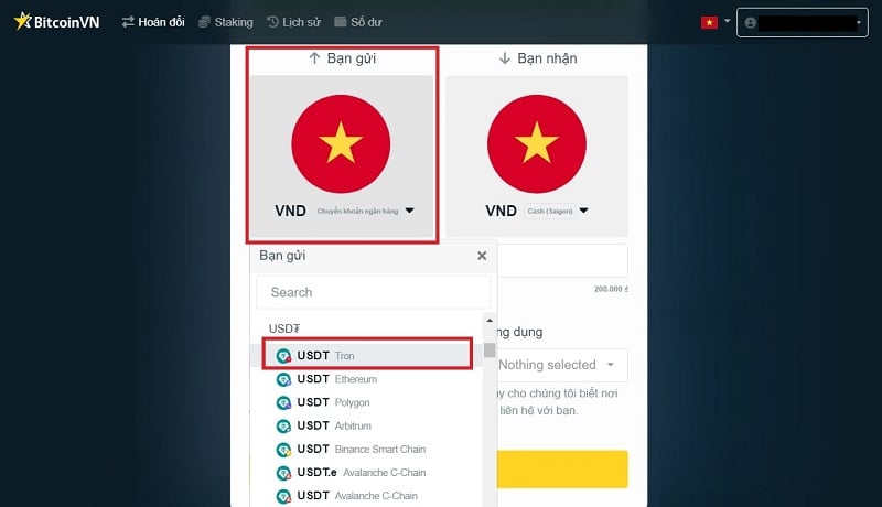 Chọn USDT (Tron)
