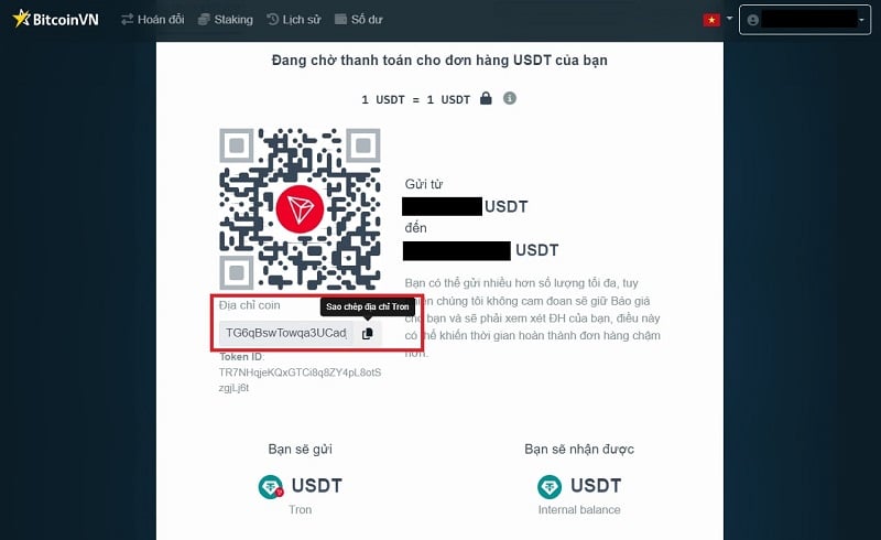 Sao chép địa chỉ USDT