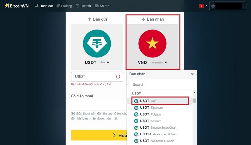 Chọn USDT (Số dư)