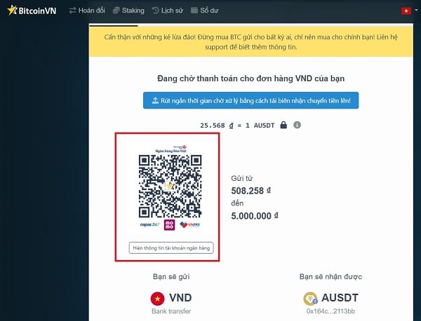 Quét mã QR và chuyển tiền để hoàn thành mua aUSDT