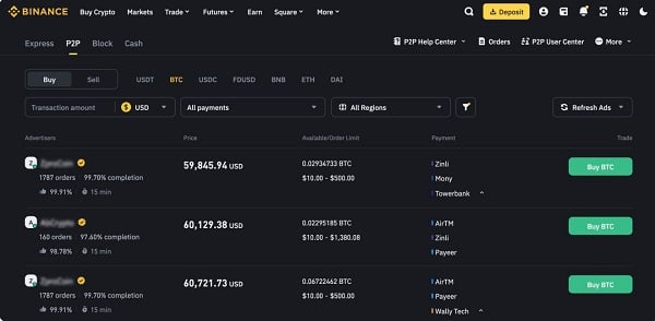 Dịch vụ giao dịch P2P trên Binance