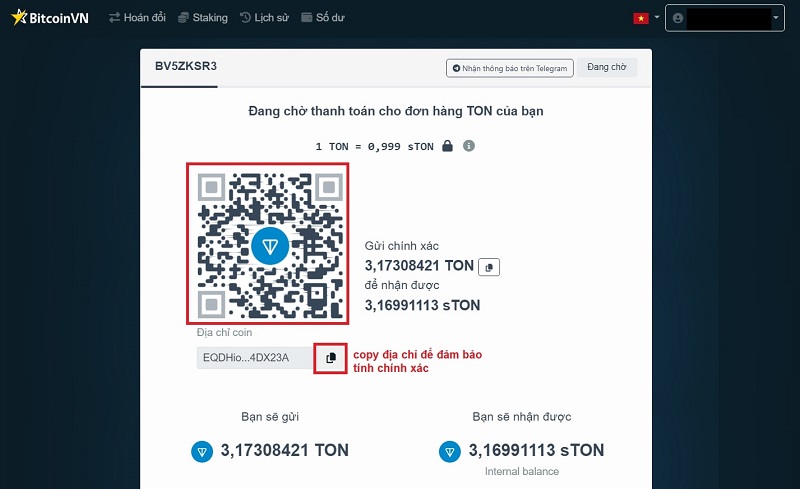 Chuyển TON vào địa được hiển thị trên màn hình để tiến hành stake coin