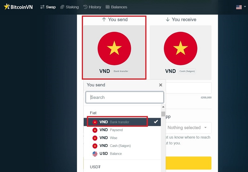 Select VND (Bank transfer) or any coin that you hold and want to convert to TRX