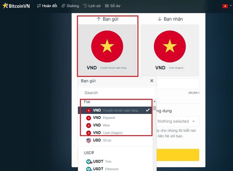 (Chọn VND hoặc loại coin bạn muốn chuyển đổi sang TRX)