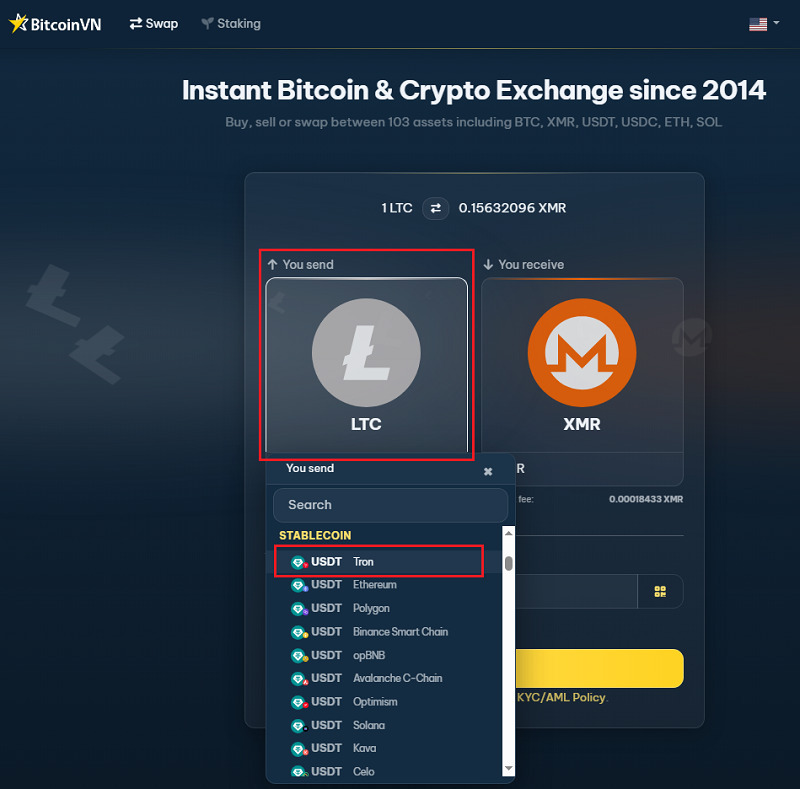 In the “You send” section, select USDT (Tron) as the asset you want to use. Please also make sure to select the correct network (chain) for the coin you are holding.