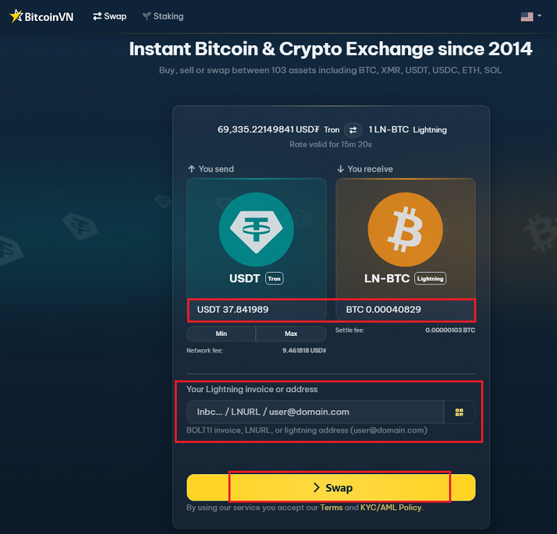 Step 4: Enter the amount you want to convert, then provide your Blink wallet Lightning address (or scan the QR code from your Blink wallet). 