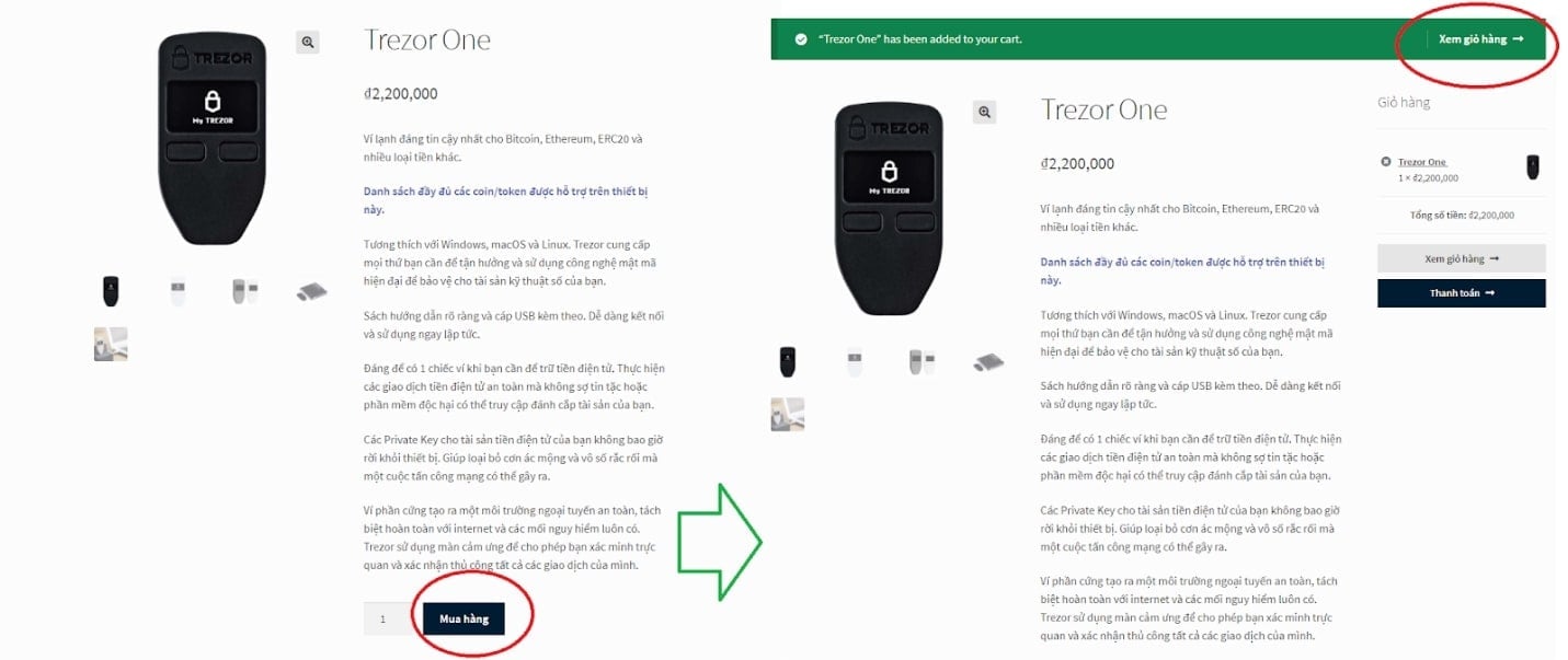 Hoặc nhấn nút MUA HÀNG ở cuối trang sau khi xem thông tin sản phẩm. Sau đó nhấn nút XEM GIỎ HÀNG