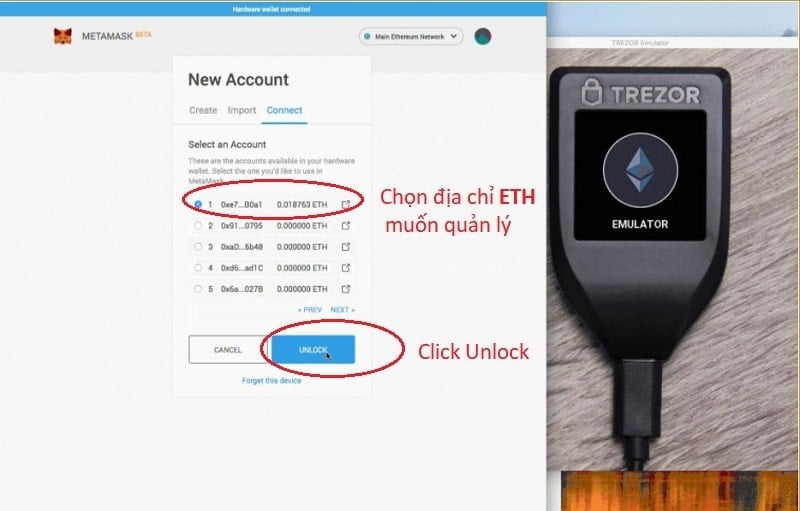 Chọn địa chỉ Ethereum muốn quản lý và nhấn Unlock